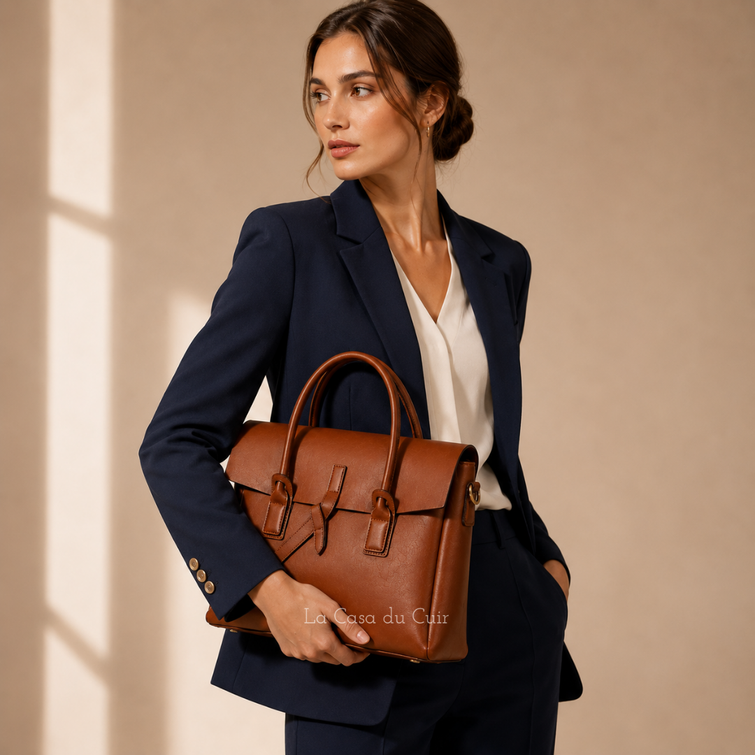 Sacoche de bureau femme en cuir, élégante, pour ordinateur portable et organiseur. Parfaite pour le travail.