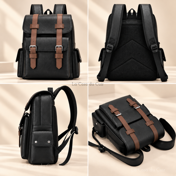 Gros plan d'un sac à dos homme en cuir PU brun foncé, texture vintage et fermetures robustes.