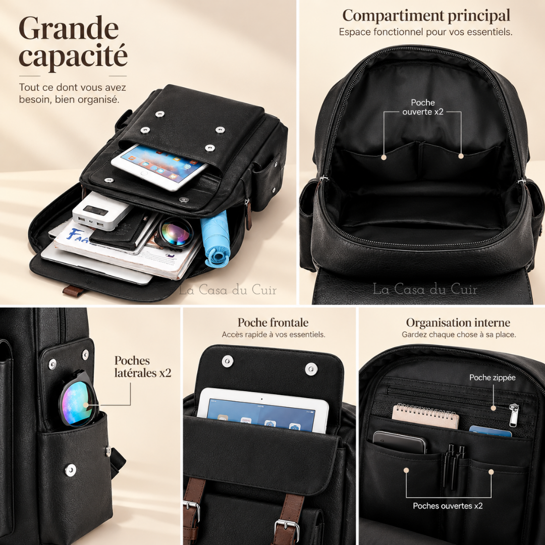 Sac à dos urbain pour homme en cuir PU, grand compartiment et poches organisées pour essentiels quotidiens.