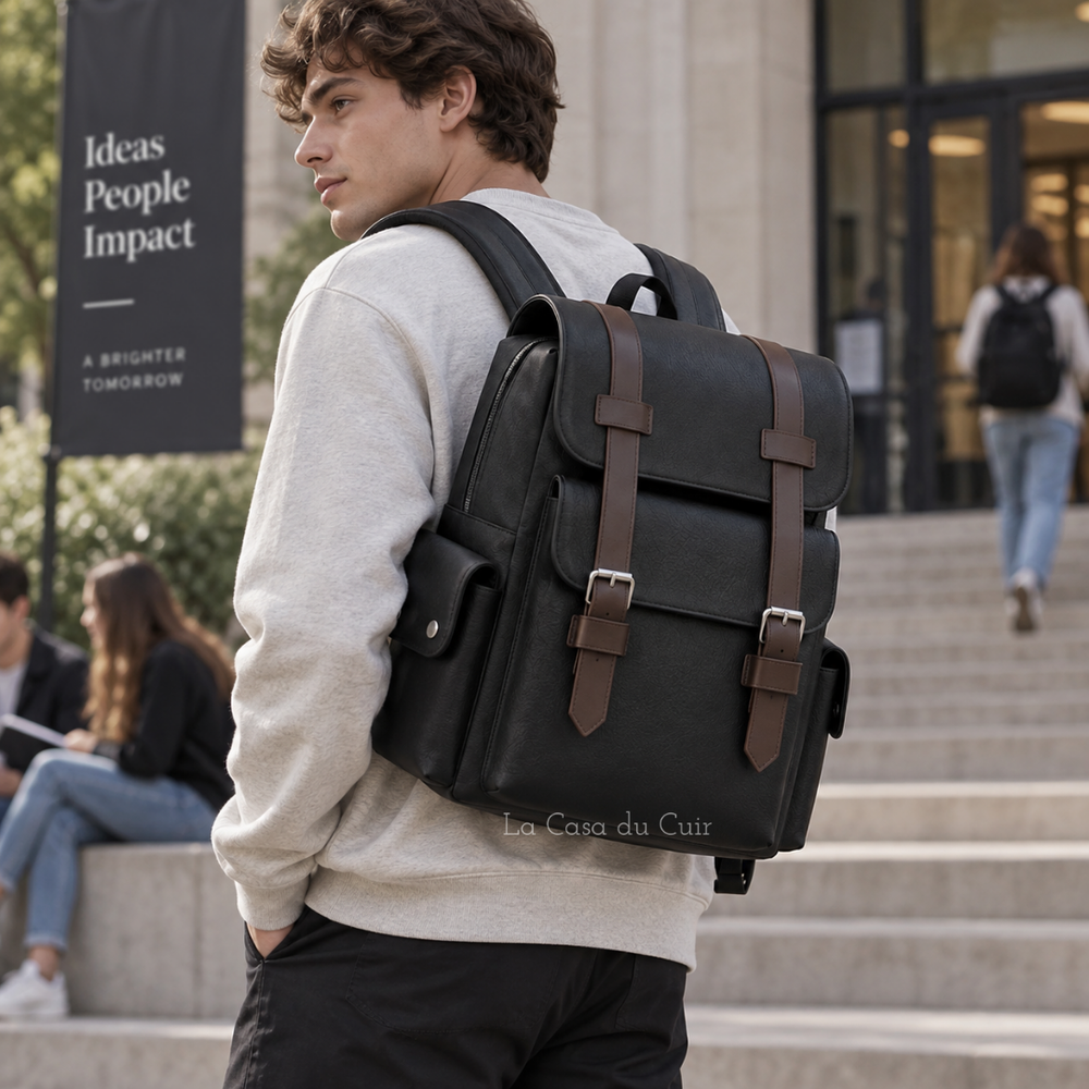 Sac à dos homme polyvalent en cuir PU, style urbain vintage, parfait pour un usage quotidien organisé.