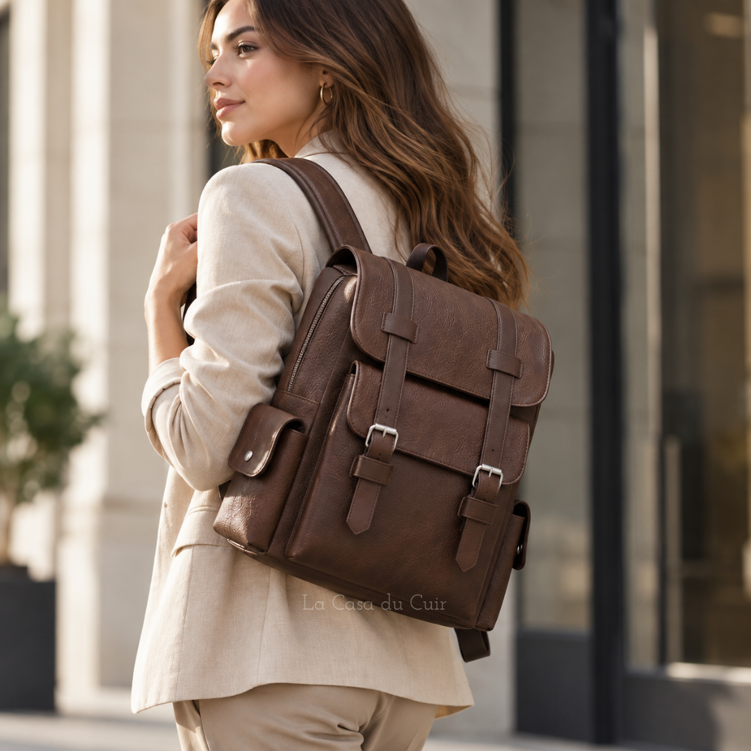 Sac à dos vintage en cuir PU avec compartiments organisés, idéal pour homme actif et stylé.