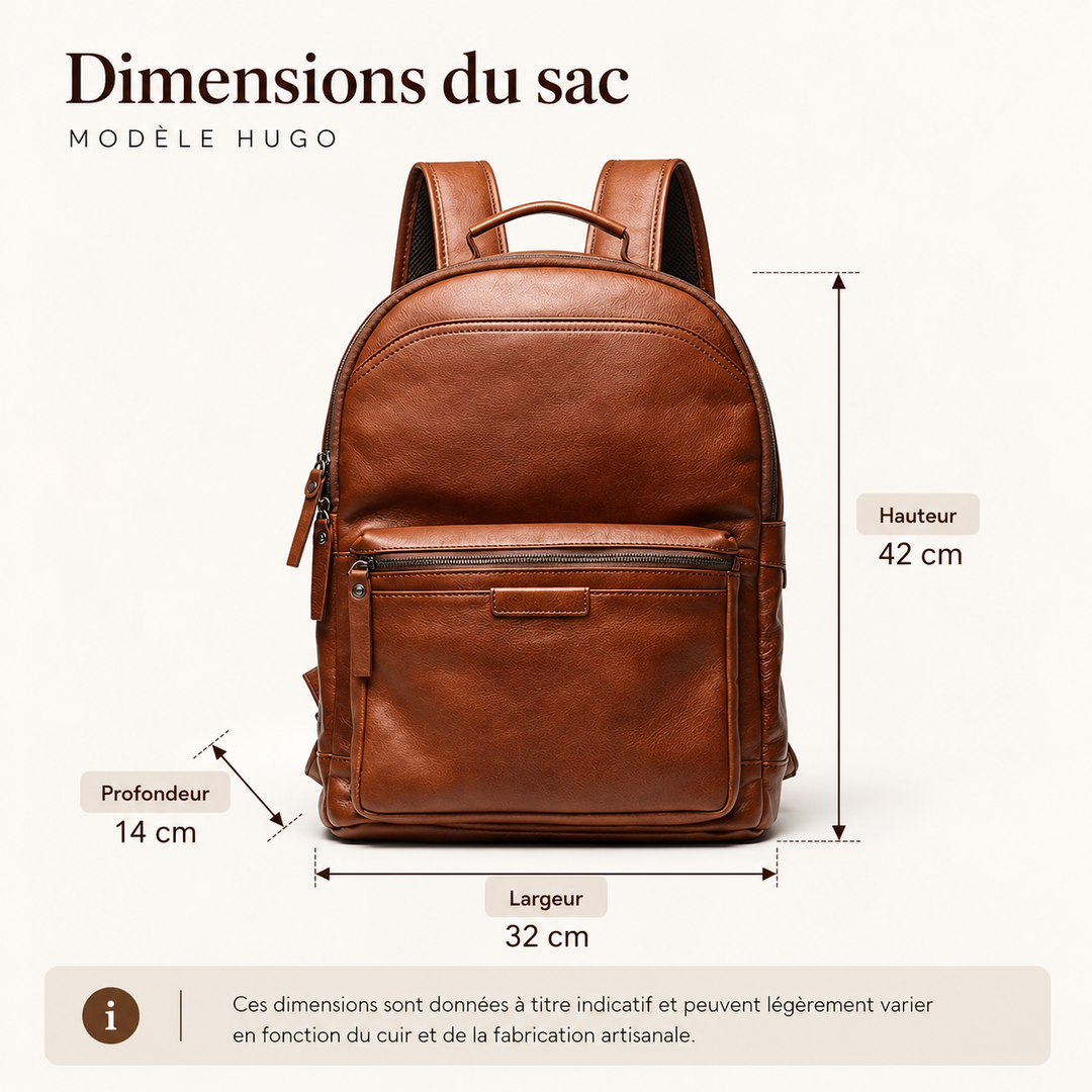 Vue de face du sac à dos homme en cuir, design élégant pour ordinateur.