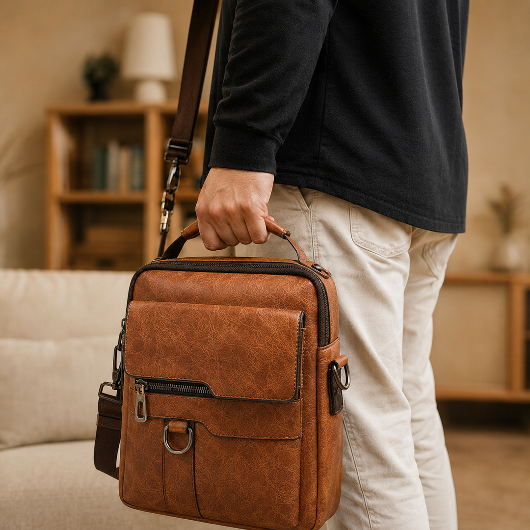 Sac bandoulière unisexe en cuir PU marron, élégant et fonctionnel pour le quotidien.