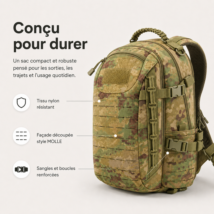 Sac à dos militaire 30L en Green Ruins, parfait pour la randonnée, le bivouac et l'équipement tactique.