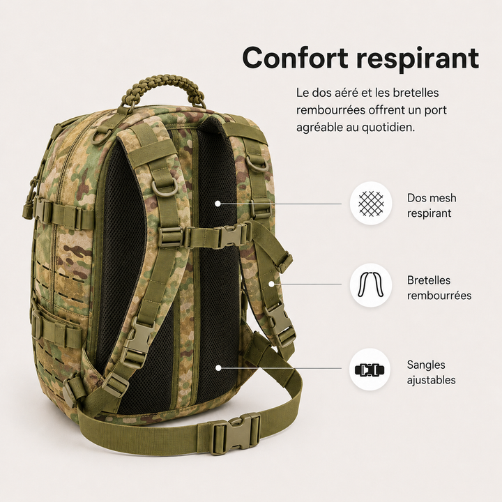 Sac à dos robuste 30L pour voyage et aventure, modèle tactique Commando, durable et fonctionnel.