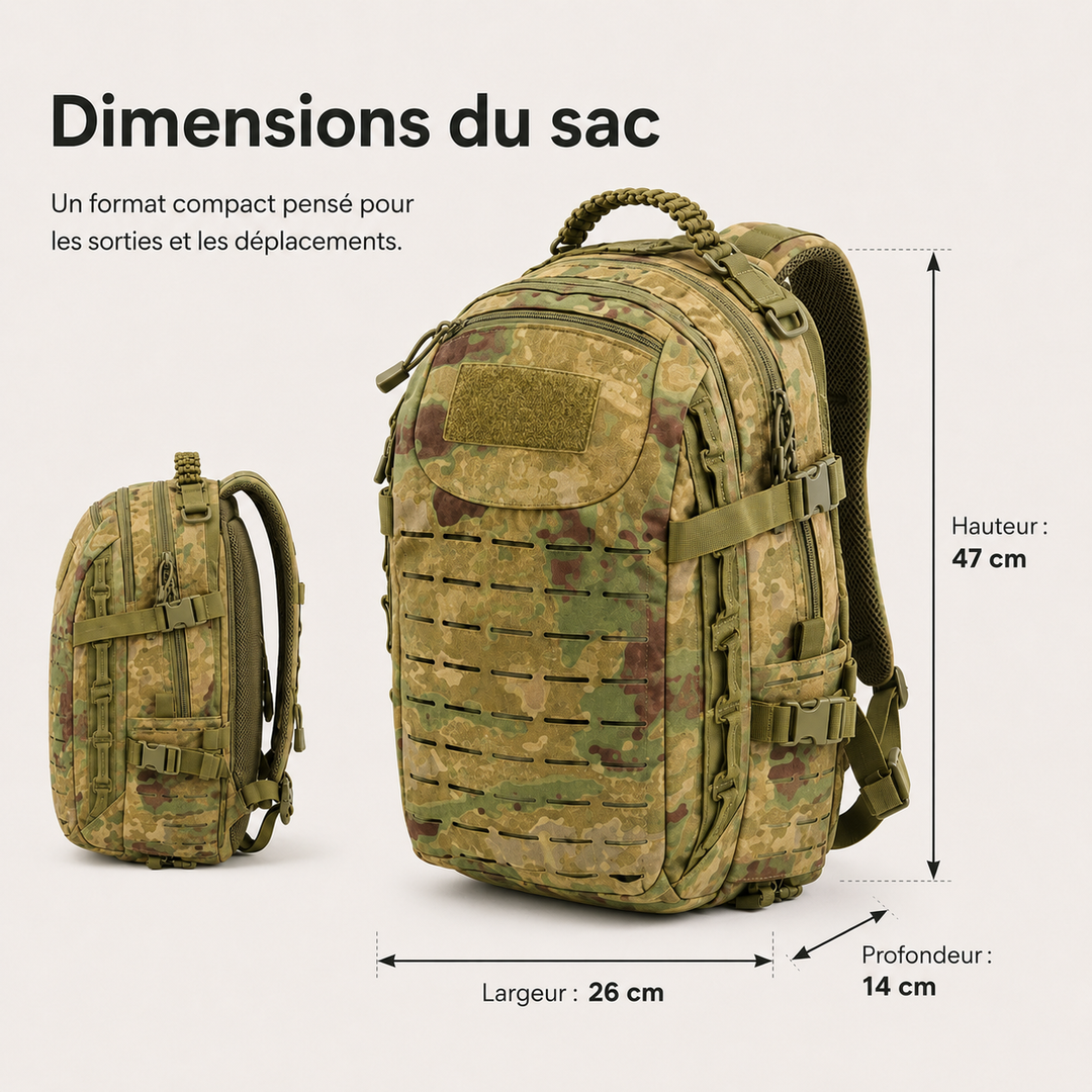 Sac à dos tactique robuste 30L, modèle Commando, pour équipement militaire, randonnée et outdoor.
