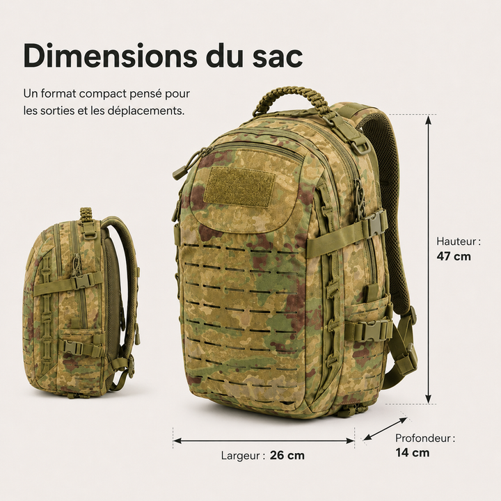 Sac à dos tactique robuste 30L, modèle Commando, pour équipement militaire, randonnée et outdoor.