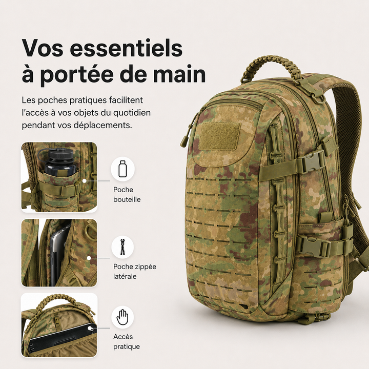 Équipement tactique: sac à dos Commando 30L en Cordura, résistant pour toutes missions et outdoor.