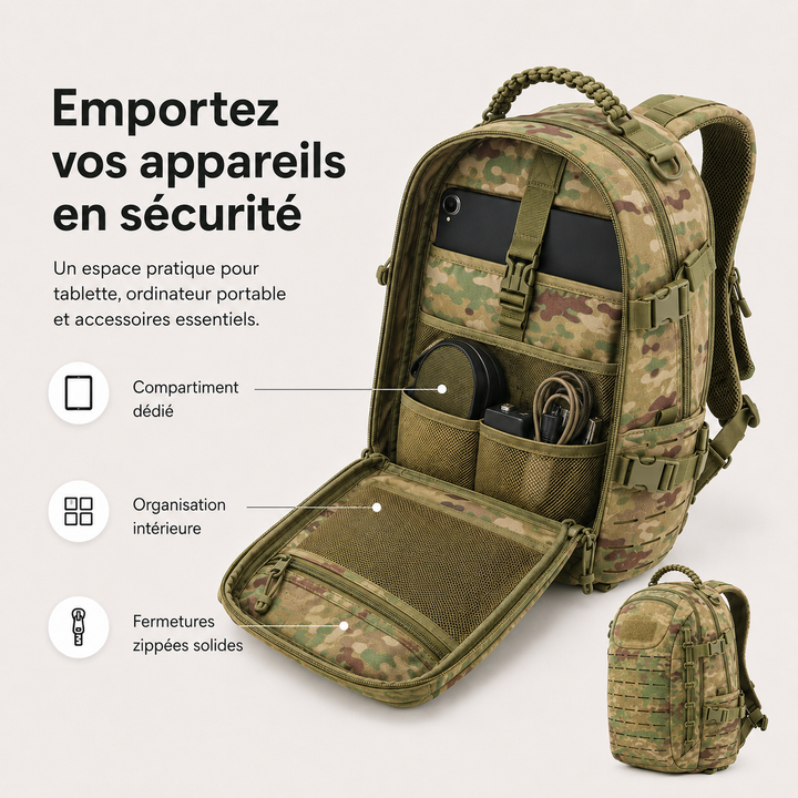Sac à dos de randonnée 30L, design tactique militaire, idéal pour les explorateurs et l'équipement.