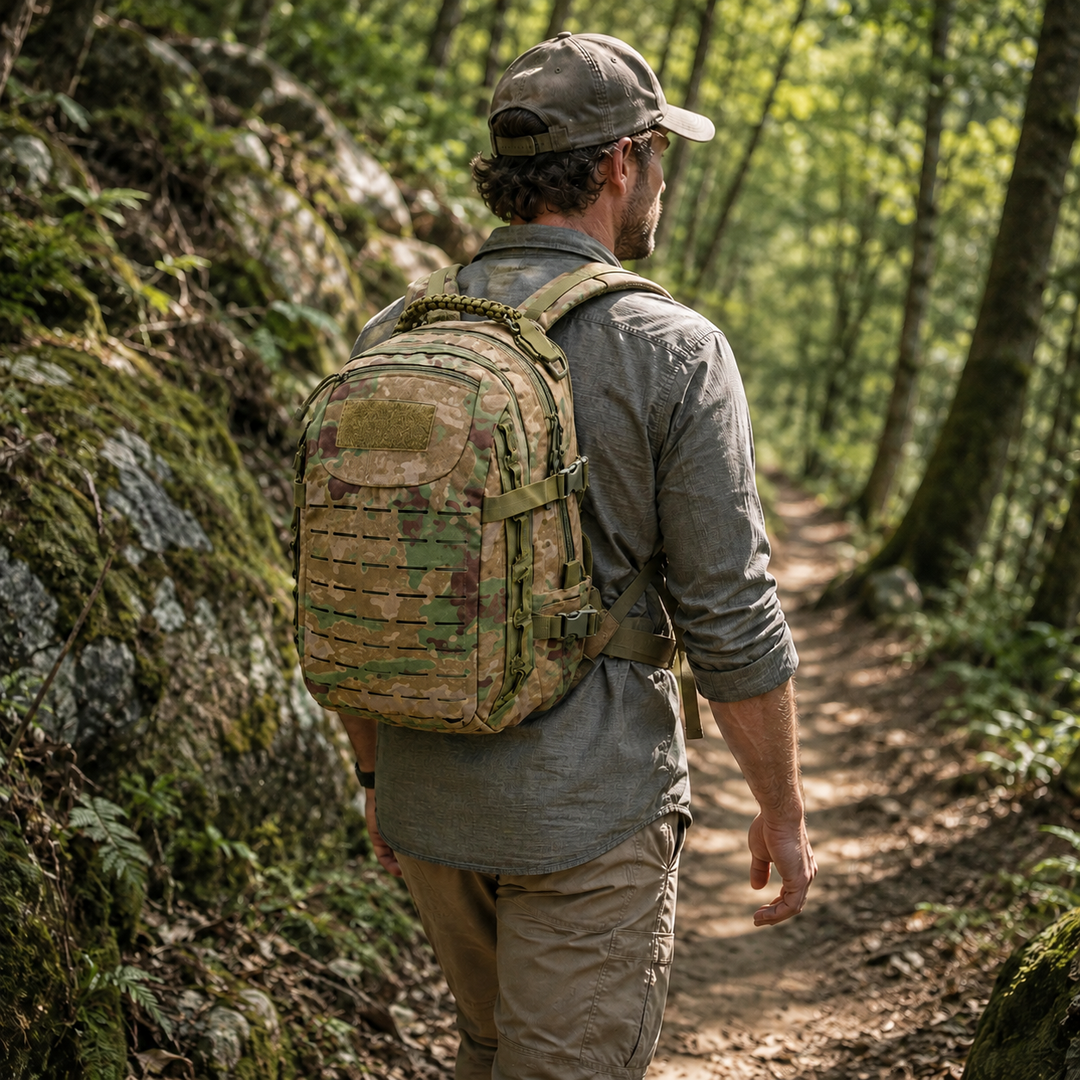 Sac à dos Green Ruins 30L, tactique et polyvalent, idéal pour l'équipement de randonnée et le voyage.