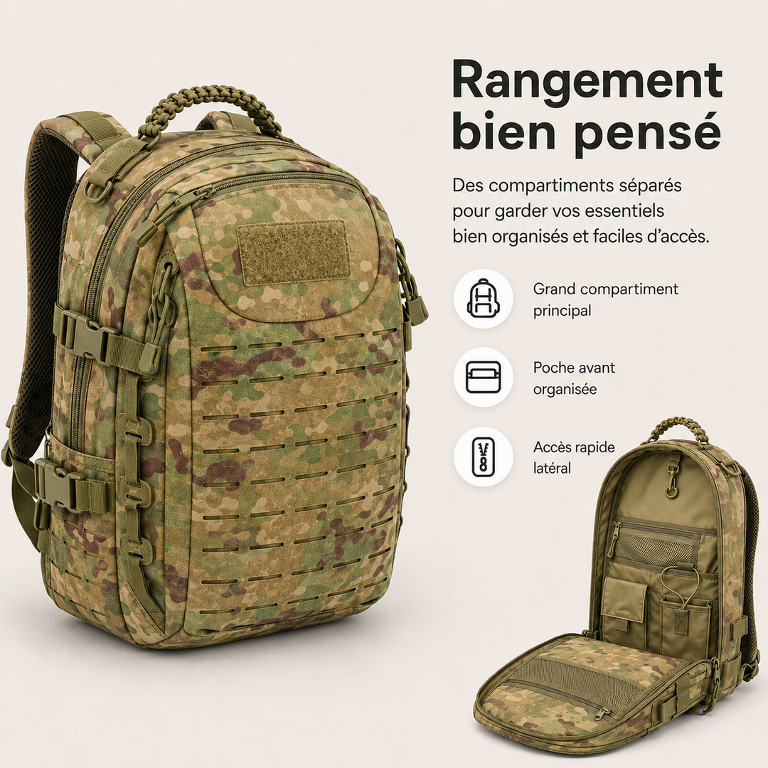 Sac à dos polyvalent 30L pour voyage et outdoor, style militaire tactique, couleur Green Ruins.
