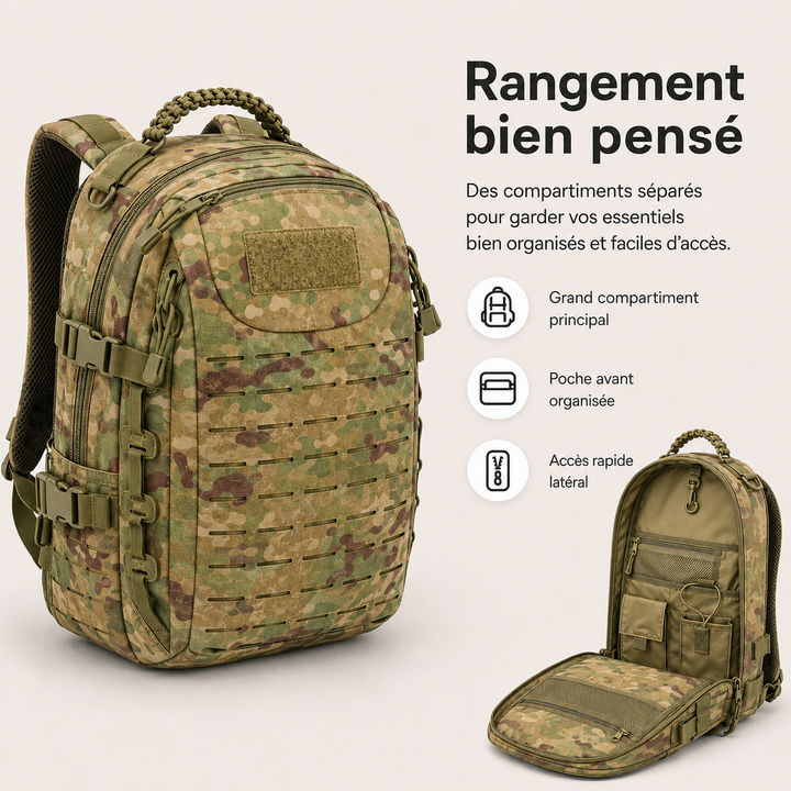 Sac à dos polyvalent 30L pour voyage et outdoor, style militaire tactique, couleur Green Ruins.