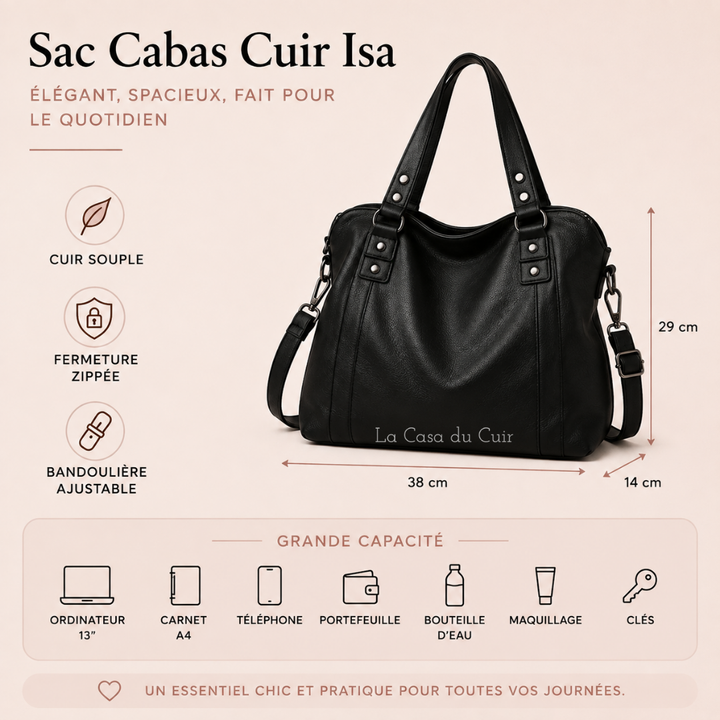 Élégant sac cabas en cuir souple, parfait pour le bureau ou les sorties.