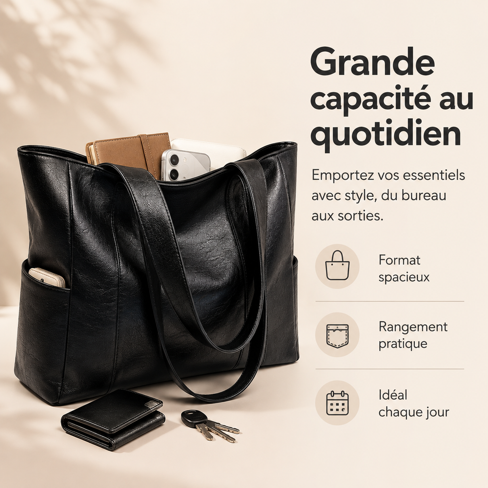 Grand sac fourre-tout en cuir marron pour femmes avec poches, parfait pour le quotidien pratique.