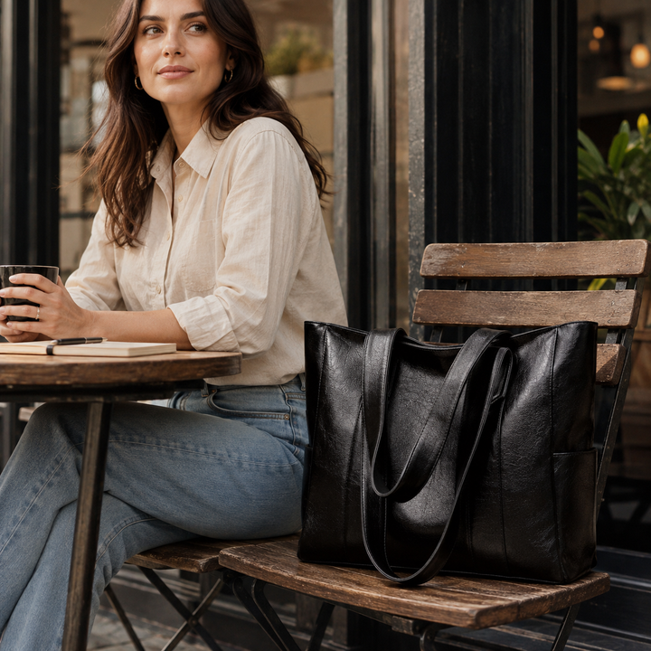 Sac fourre-tout en cuir véritable pour femmes, accessoire de mode durable et chic, couleur noir ou marron.