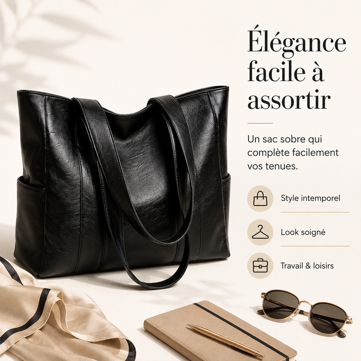 Sac à main fourre-tout en cuir noir pour femmes, alliant élégance intemporelle et grande fonctionnalité.