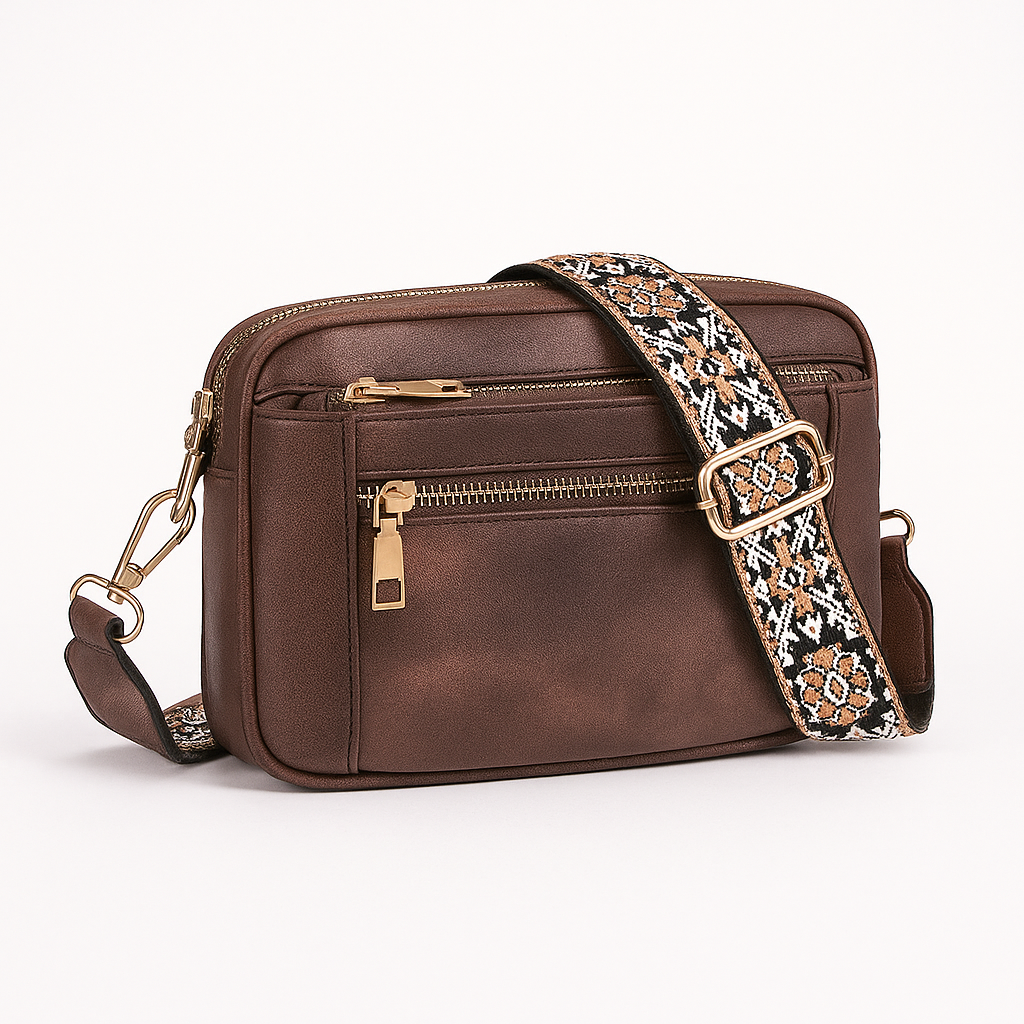 Sac à bandoulière marron femme, style bohème chic. Idéal pour un usage quotidien pratique et stylé.