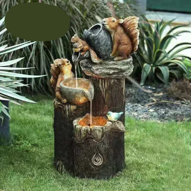 Fontaine de jardin solaire en résine, statue d'animaux (canard, écureuil) avec éclairage LED intégré.