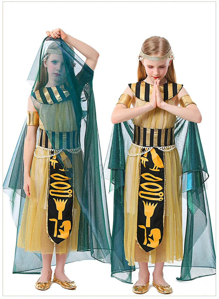 Magnifique déguisement Cléopâtre fille, costume égyptien pour enfant. Tenue de reine pharaonique avec accessoires.