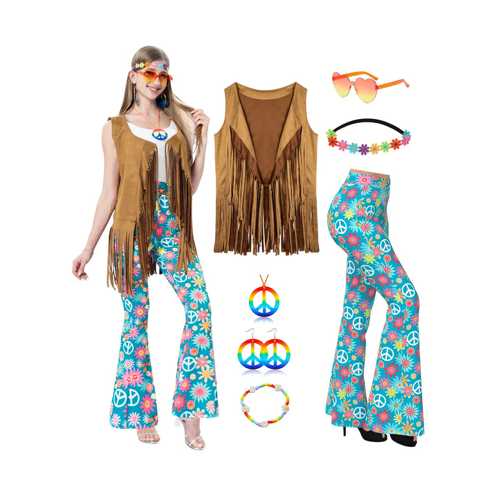 Déguisement festif femme style hippie, robe évasée aux imprimés floraux vifs des années 70.