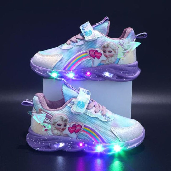 Baskets lumineuses roses pour filles, design princesse. Chaussures LED confortables et antidérapantes, mode enfant.