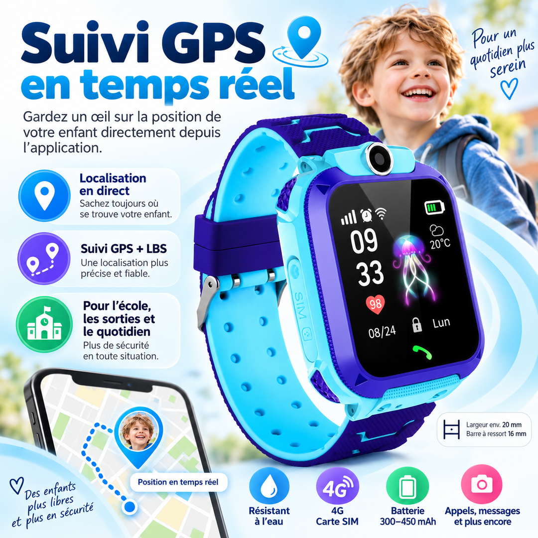 Montre GPS enfant, suivi de position en temps réel pour une surveillance parentale discrète et efficace.