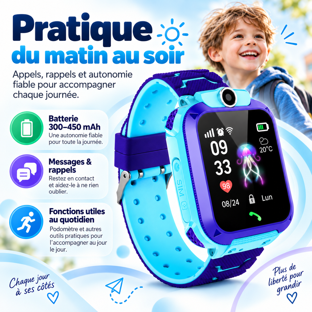 Montre GPS enfant pour localisation précise, garantissant la tranquillité d'esprit des parents.