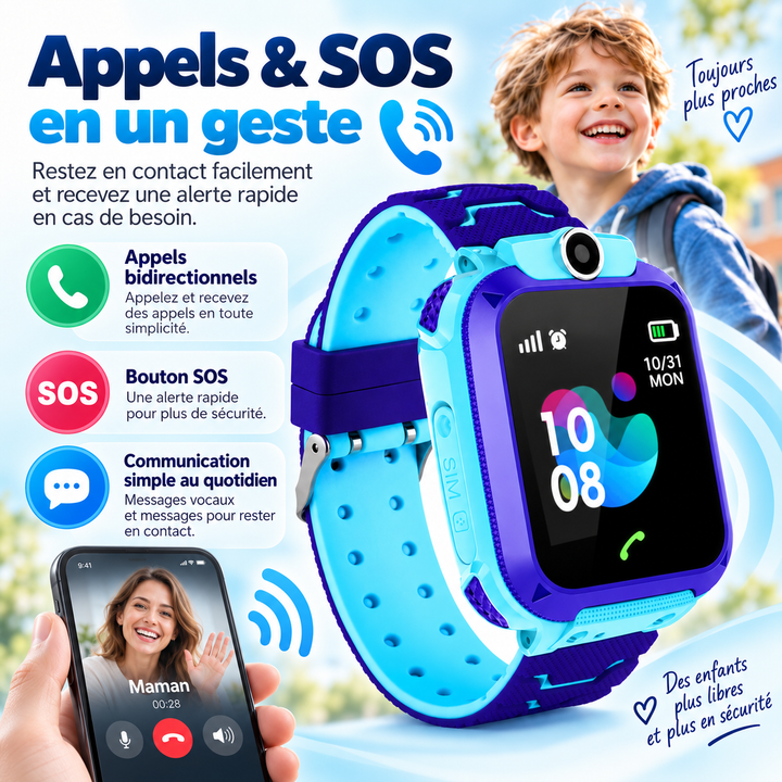 Montre sécurité enfant: suivi GPS, bouton SOS d'urgence et zones sécurisées personnalisables.