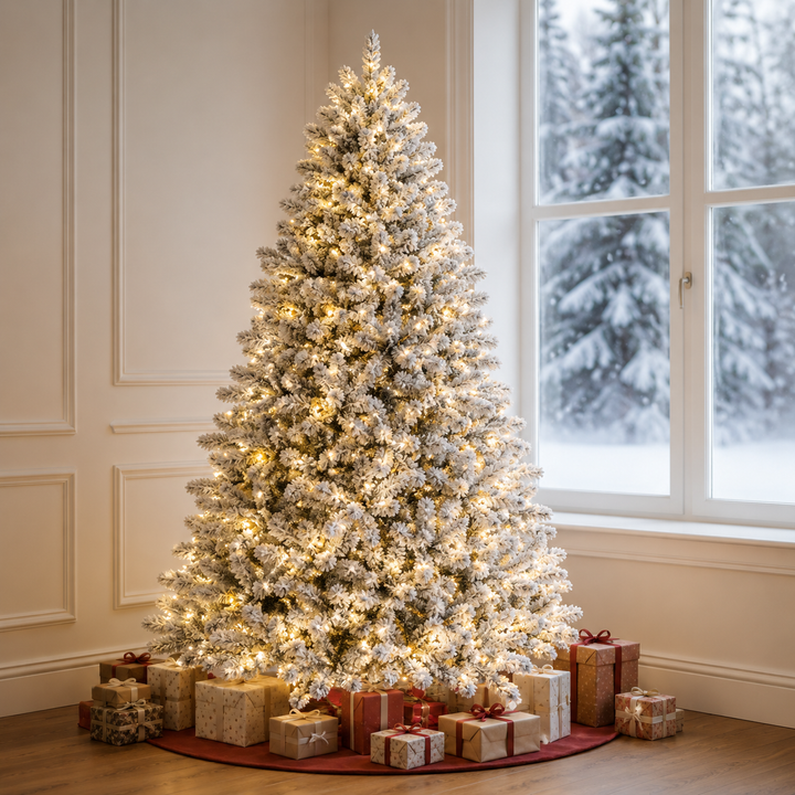 Grand sapin de Noël artificiel enneigé 2.13m avec lumières LED intégrées. Idéal pour fêtes d'hiver.