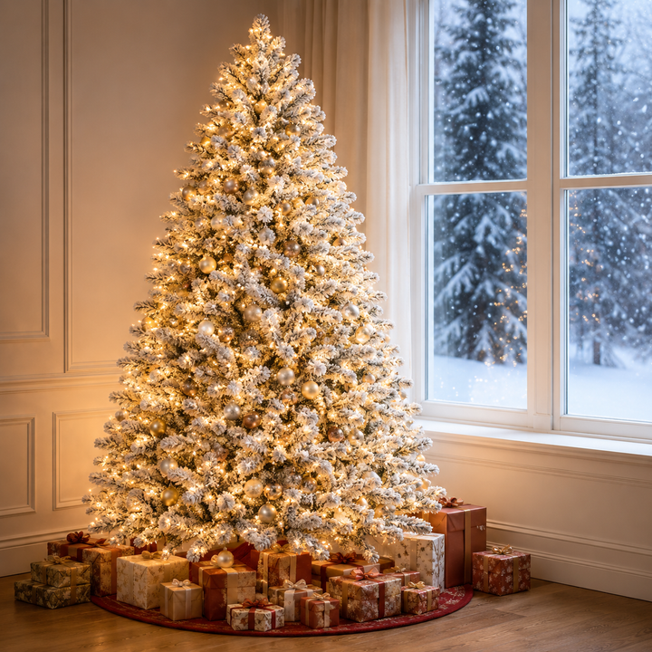 Arbre de Noël artificiel de 2m13 avec neige et LED intégrées, créant une ambiance de Noël magique.