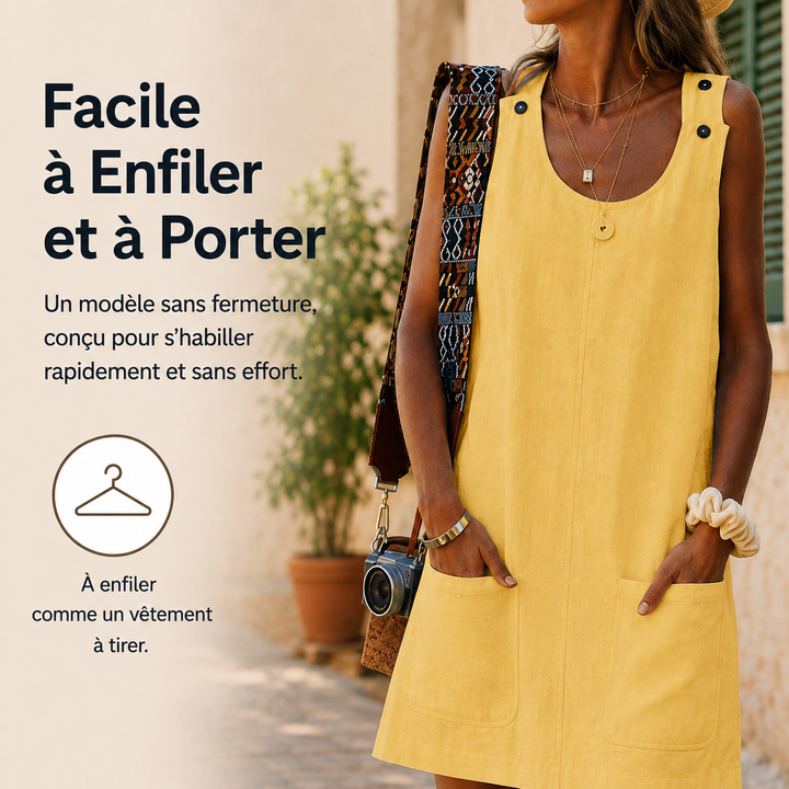Mini robe femme d'été polyvalente à col rond et poches, parfaite pour le confort quotidien.