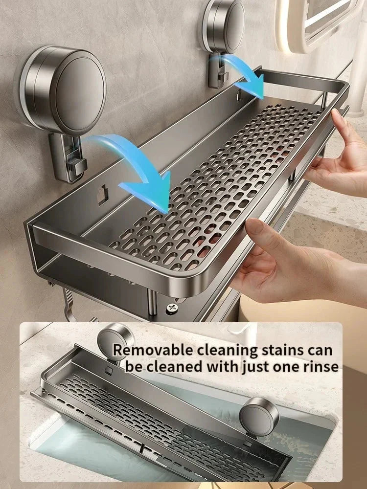 Installation facile : étagère de douche murale à ventouses, sans perçage, idéale pour organiser les accessoires de bain.