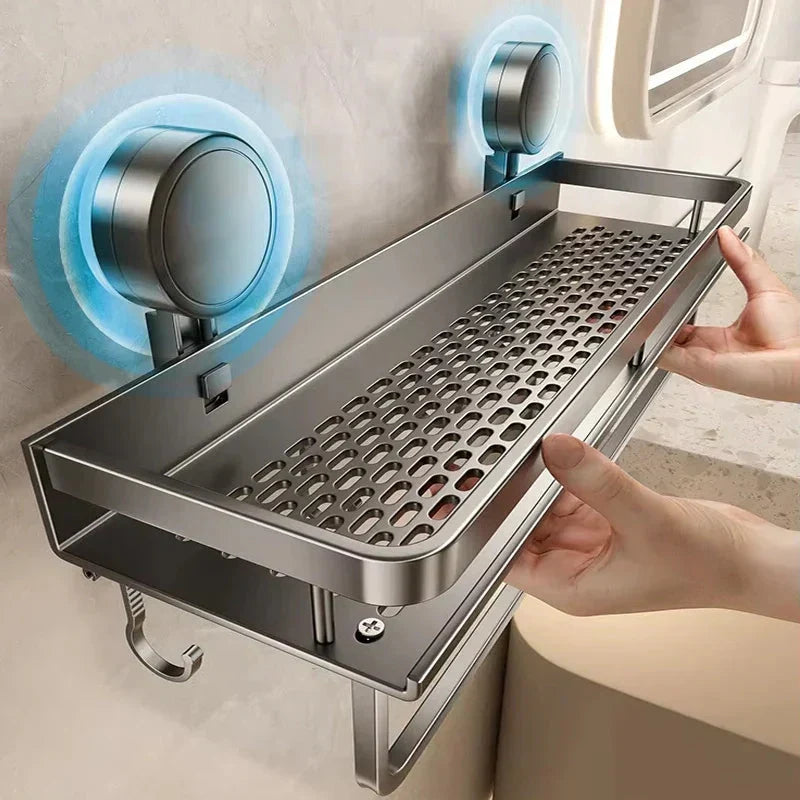 Étagère murale de salle de bain en aluminium avec ventouses, pour rangement sans perçage, optimisant l'espace douche.