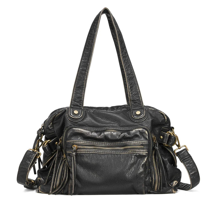 Sac rétro chic pour femme, idéal pour les cours, en cuir synthétique noir, grand et organisé.