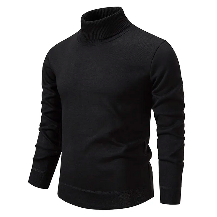 Homme en pull col roulé doux, gris, manches longues. Parfait pour l'hiver, style décontracté chic et mode masculine.