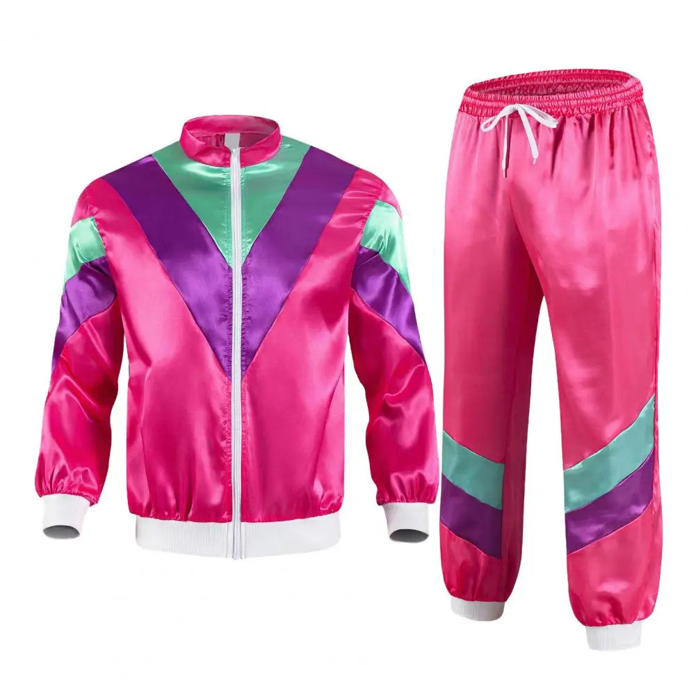 Déguisement unisexe années 80, survêtement colorblock rétro pour fête costumée ou carnaval.
