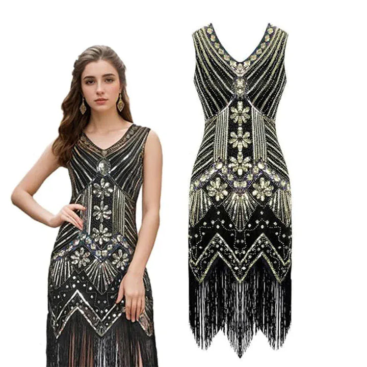 Déguisement élégant flapper femme, style Gatsby années 20, robe rétro avec sequins et franges.