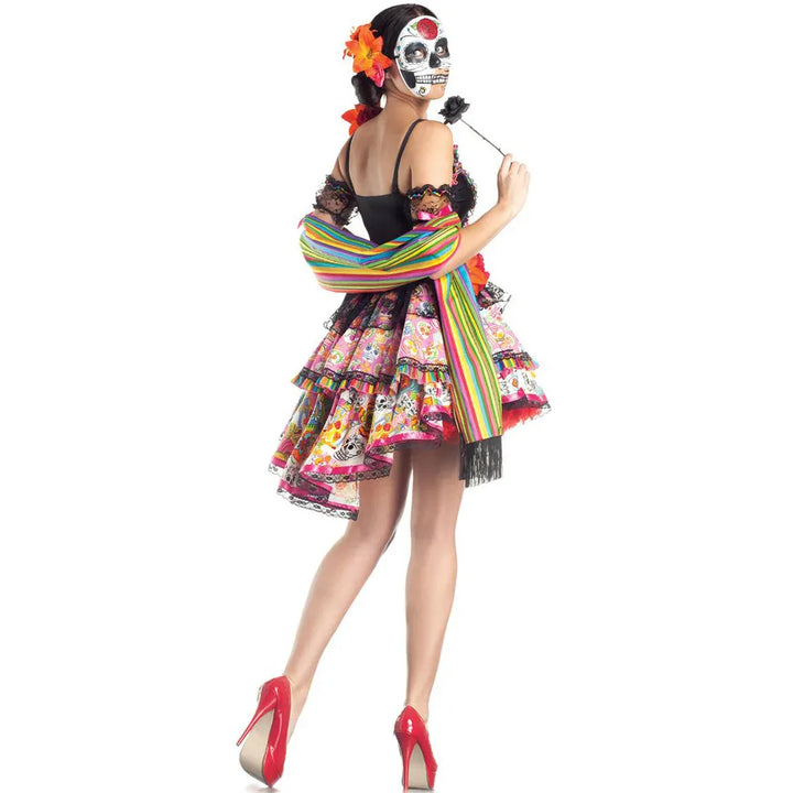 Costume femme Jour des Morts, robe mexicaine colorée élégante avec dentelle et volants. Parfait pour fête et Halloween.