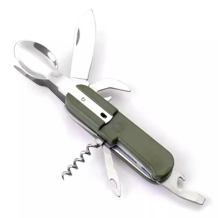 Couverts multifonction unisexe pour camping et voyage, en acier inoxydable robuste et pratique.
