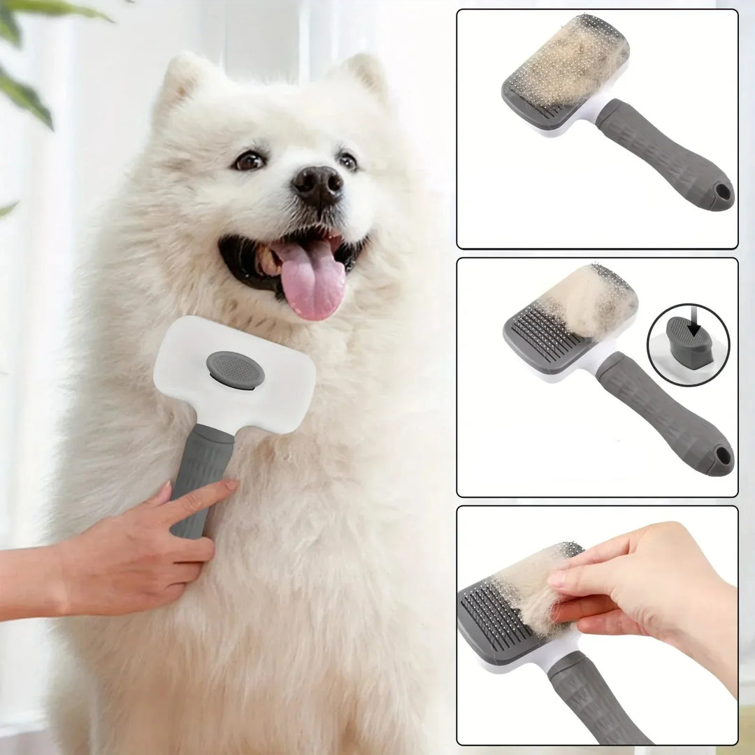 Brosse de toilettage innovante pour chiens et chats, réduction des poils morts. Auto-nettoyante pour hygiène facile.