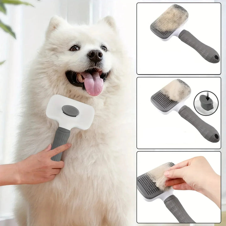 Brosse de toilettage innovante pour chiens et chats, réduction des poils morts. Auto-nettoyante pour hygiène facile.