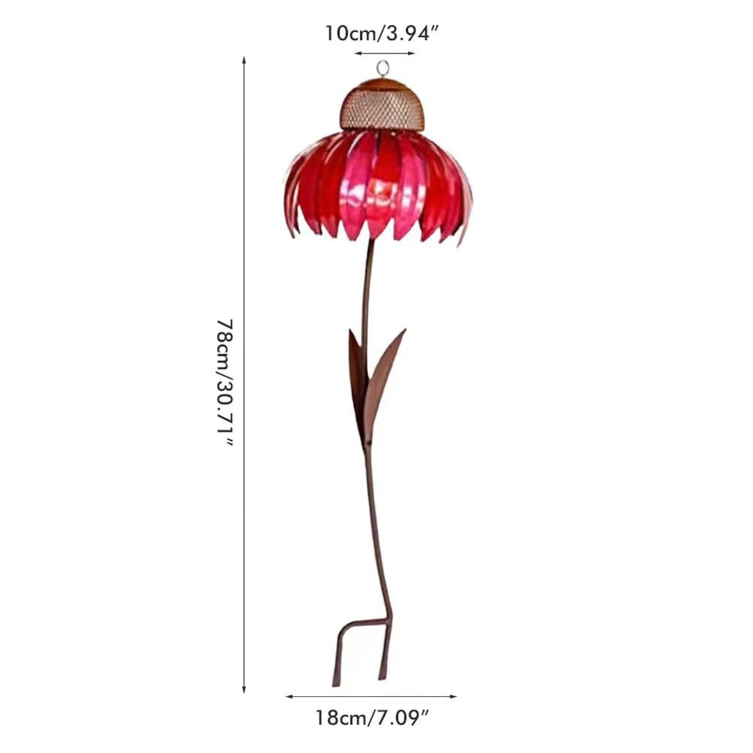 Mangeoire florale en acier, rouge et bleu, pour embellir votre jardin. Un élément de décoration extérieure pour oiseaux.