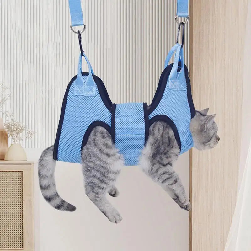 Hamac de toilettage anti-griffures pour chien et chat, en polyester bleu/jaune. Idéal pour les soins et l'hygiène.