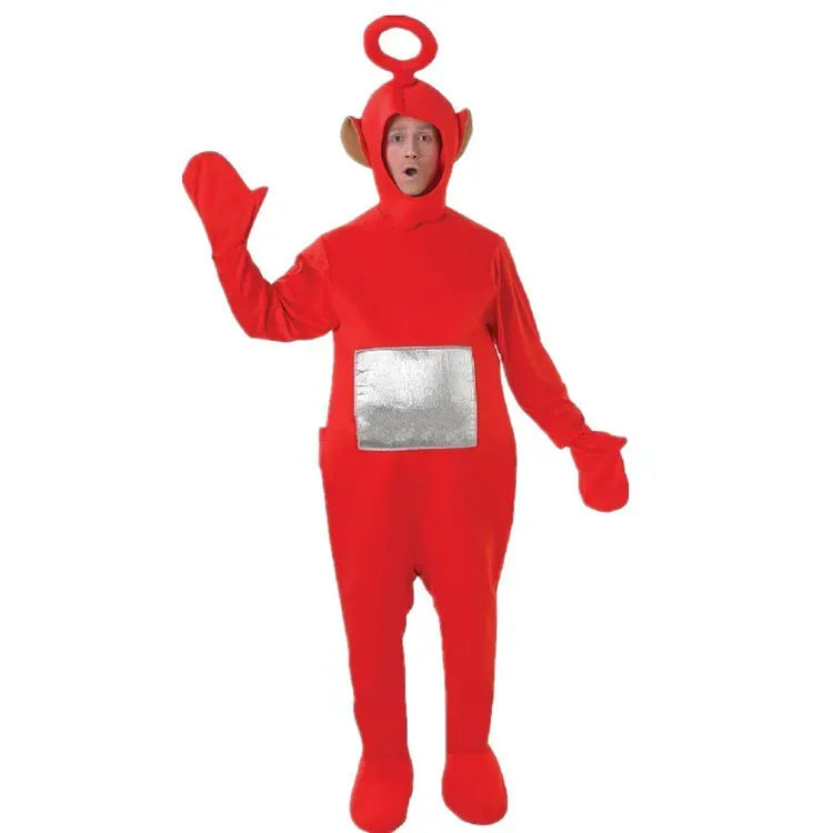 Costume Teletubbies rouge adulte unisexe, look de personnage de dessin animé pour fête ou événement humour.