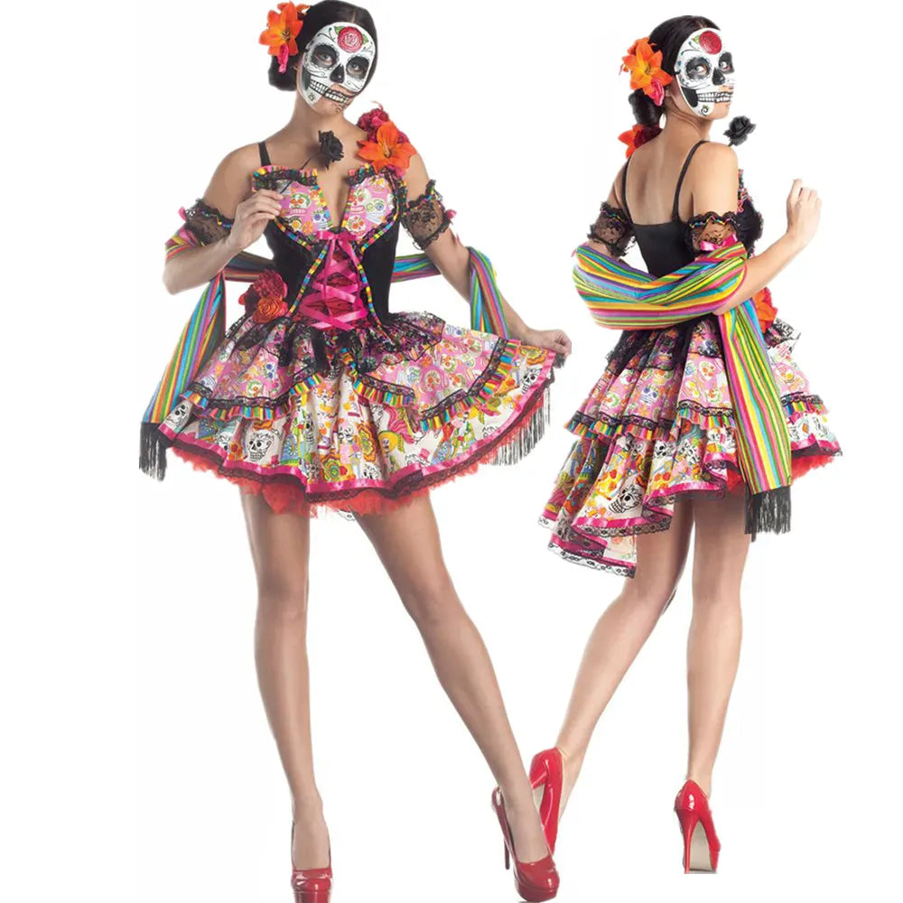 Déguisement femme Jour des Morts mexicain coloré, robe élégante pour Halloween ou carnaval, motif floral. Fête.