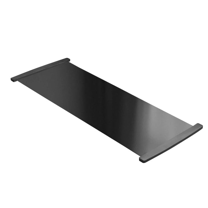 Planche de glisse compacte et enroulable, noire et orange, idéale pour sport à domicile et accessoire gym portable.