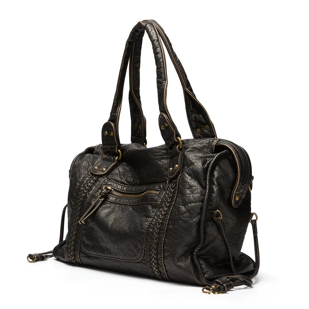 Sac cabas femme noir vintage en similicuir, idéal pour cours, travail et usage quotidien.