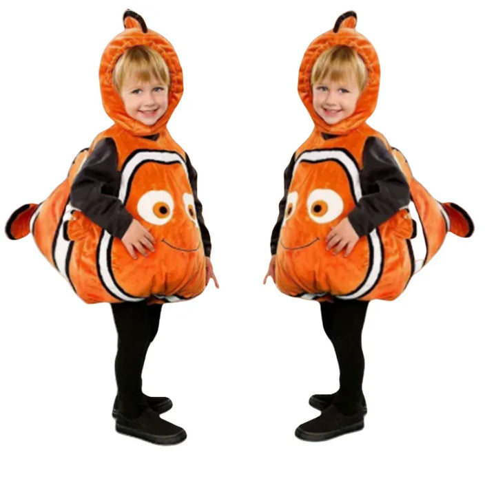 Déguisement enfant poisson clown orange et blanc, parfait pour carnaval et fêtes d'anniversaire.