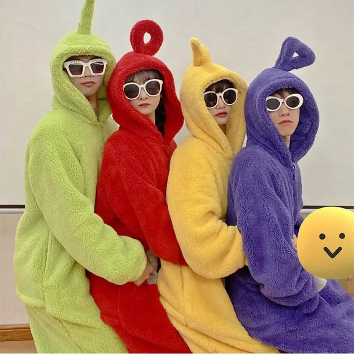 Costume Teletubbies Laa-Laa jaune, déguisement pyjama unisexe doux pour enfants/adultes, soirée à thème ou carnaval.