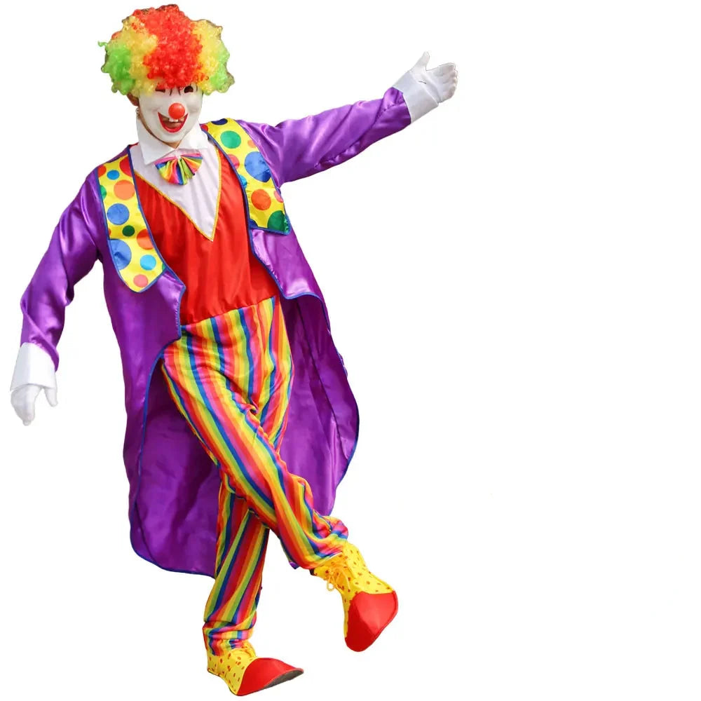 Déguisement clown traditionnel adulte, couleurs éclatantes, pour animations.